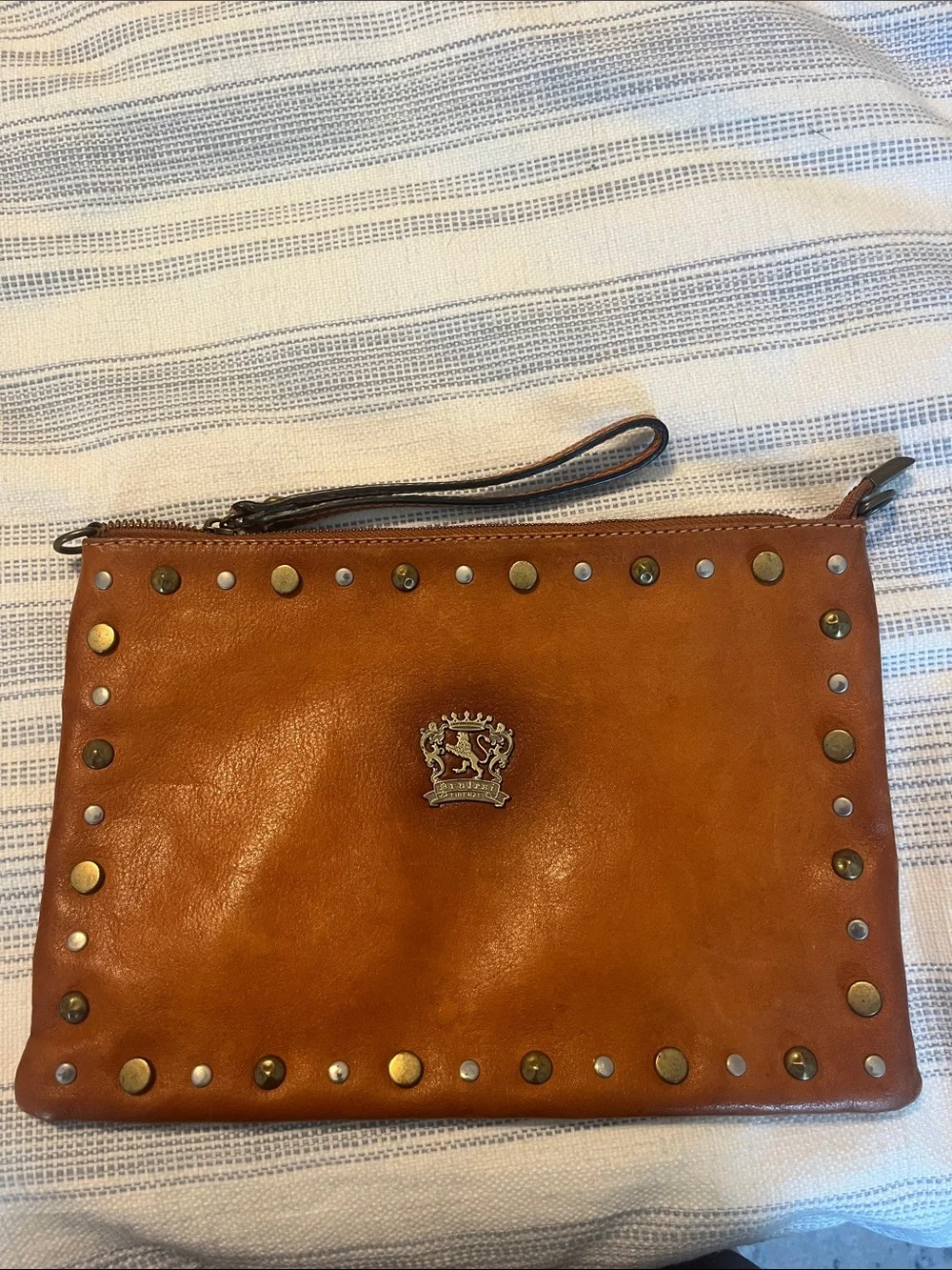 Pratesi Firenze Leather Studded Clutch in Cognac Brown